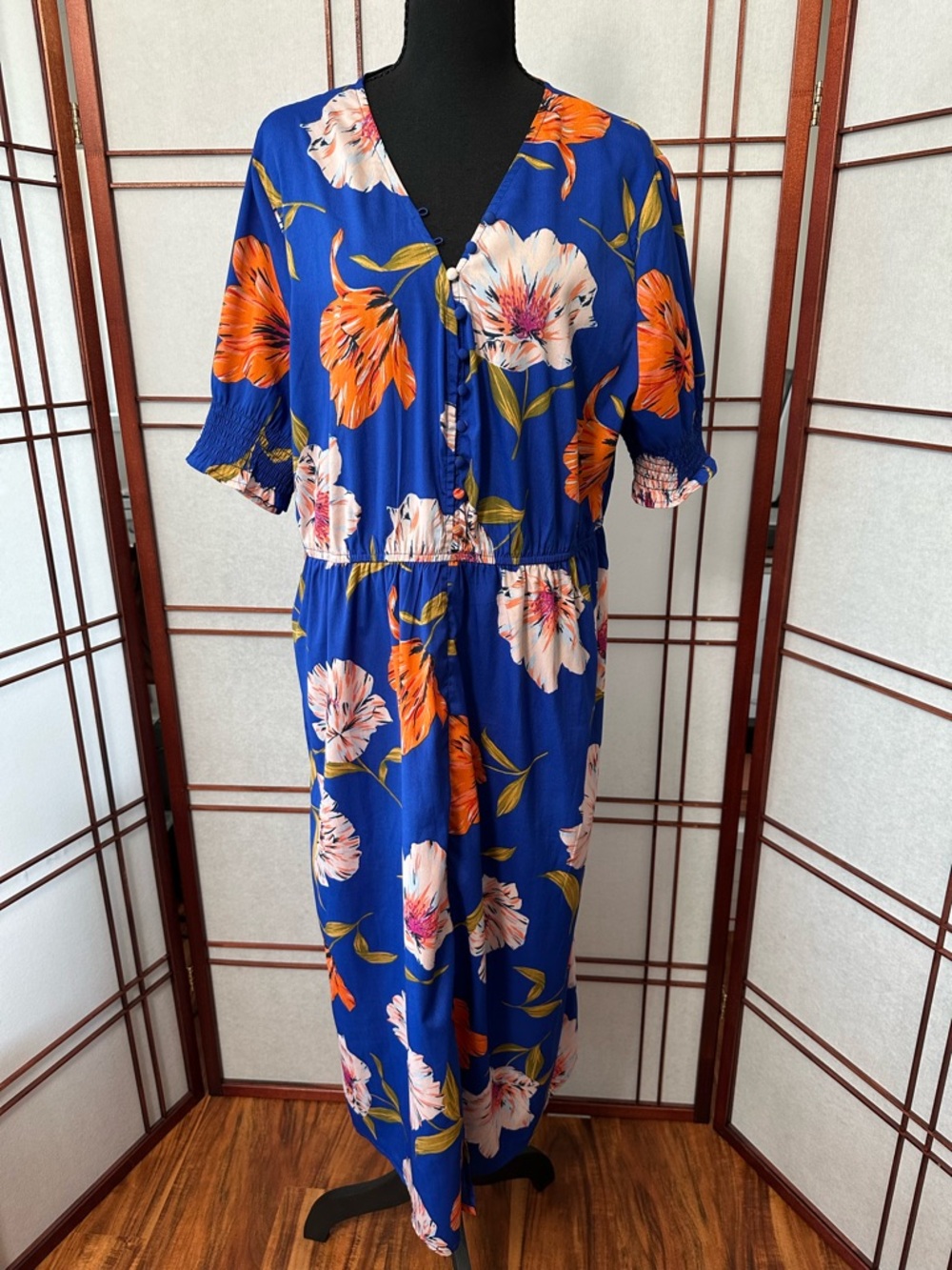 Blue Floral V-Neck Maxi Dress with Orange Accents